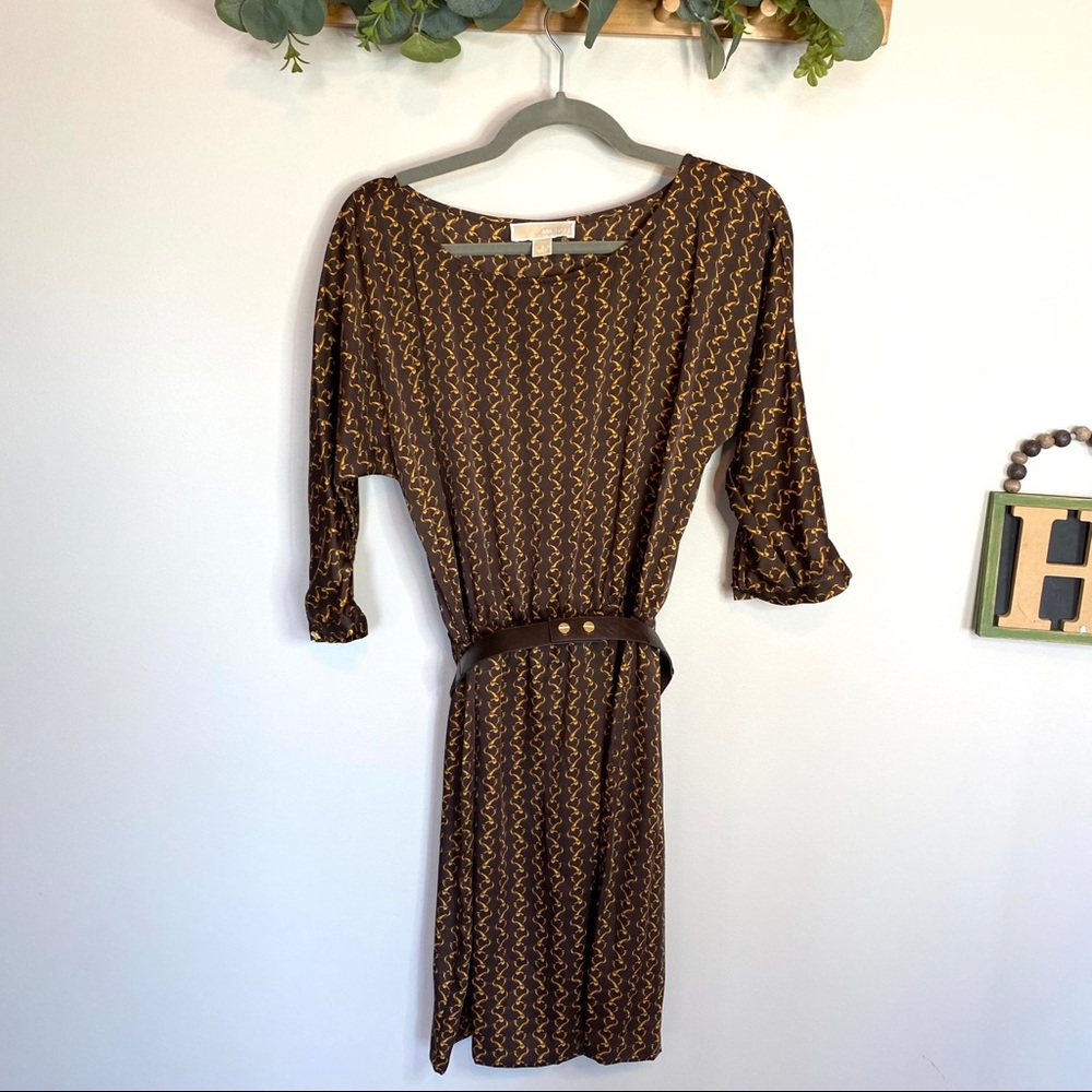 Michael MK Brown Gold Belted Chain Pattern Dress